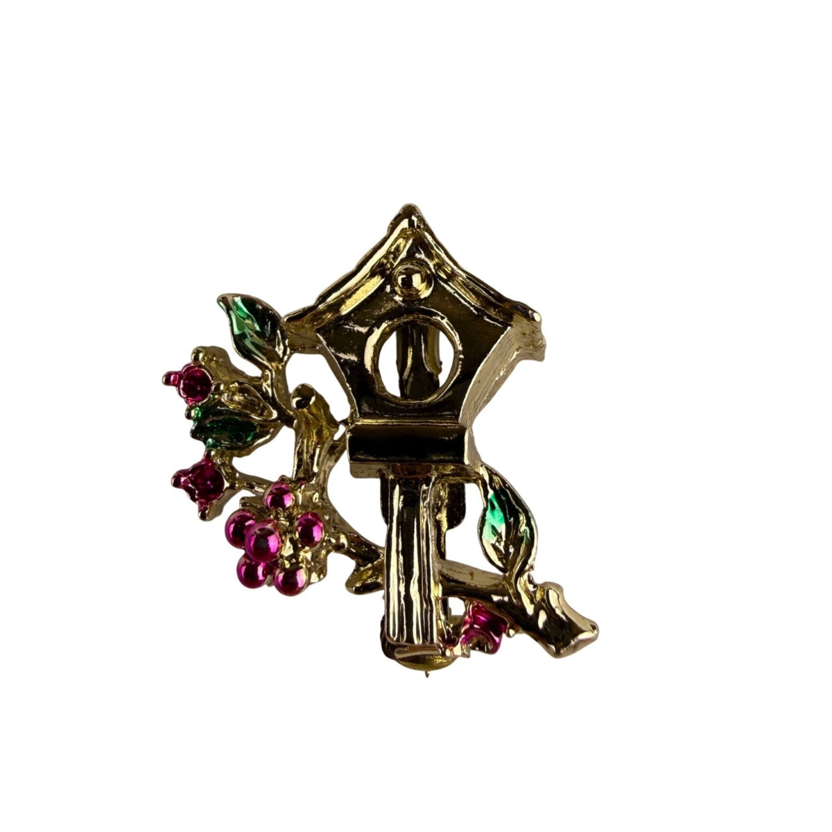 Vintage Womens Gold Tone Bird & Birdhouse Brooch Pins With Rhinestones