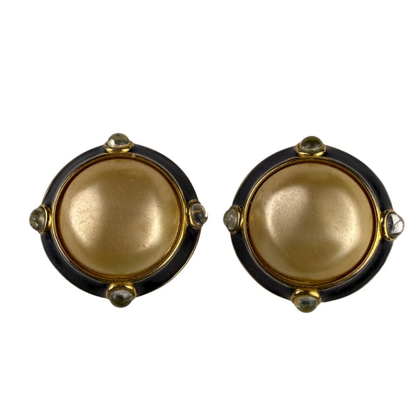 Carolee Womens Gold Tone/Black Clip-On Round Earrings Large Faux Pearl