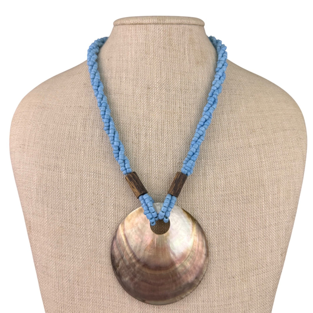 Handmade Womens Blue Beaded Necklace With Wooden Accents & Shell Pendant