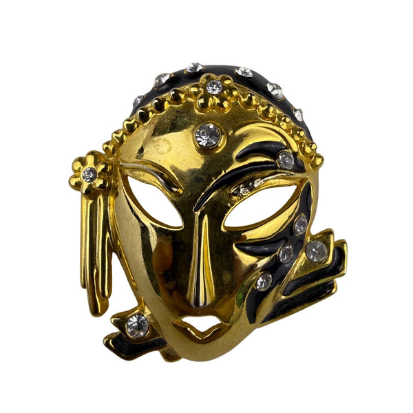 Vintage Gold Tone Rhinestone Mask Brooch Pin Black Enamel Accents Unique Detail