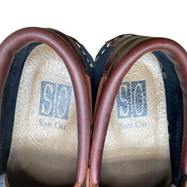 San Ou Women’s WBlue & Brown Leather Casual Slip-Resistant Boat Shoes Size 37