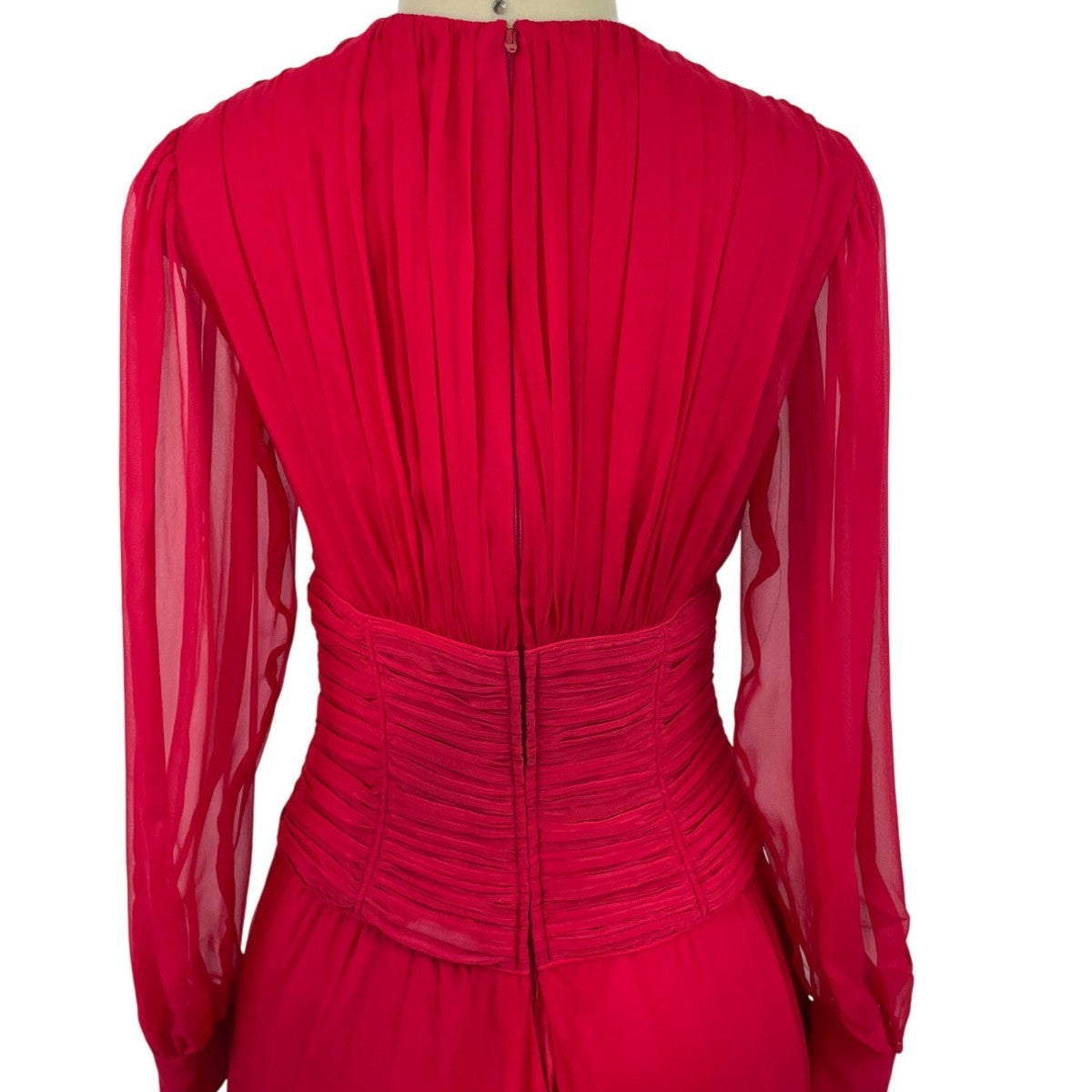 Vintage Red Long-Sleeve Chiffon Dress With Pleated Wrap Bodice Sz 10