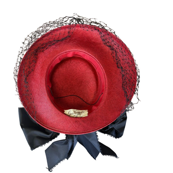 Geo. Innes Co. Womens Red Straw Hat With Black Veil Bow Detail Wichita Vintage