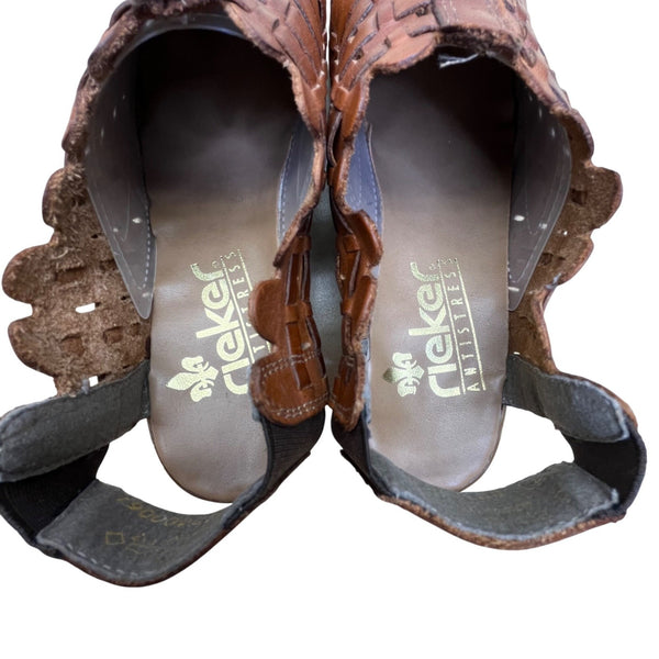 Rieker Women’s Brown Leather Woven Sina 78 Heeled Sandals Size US 6.5