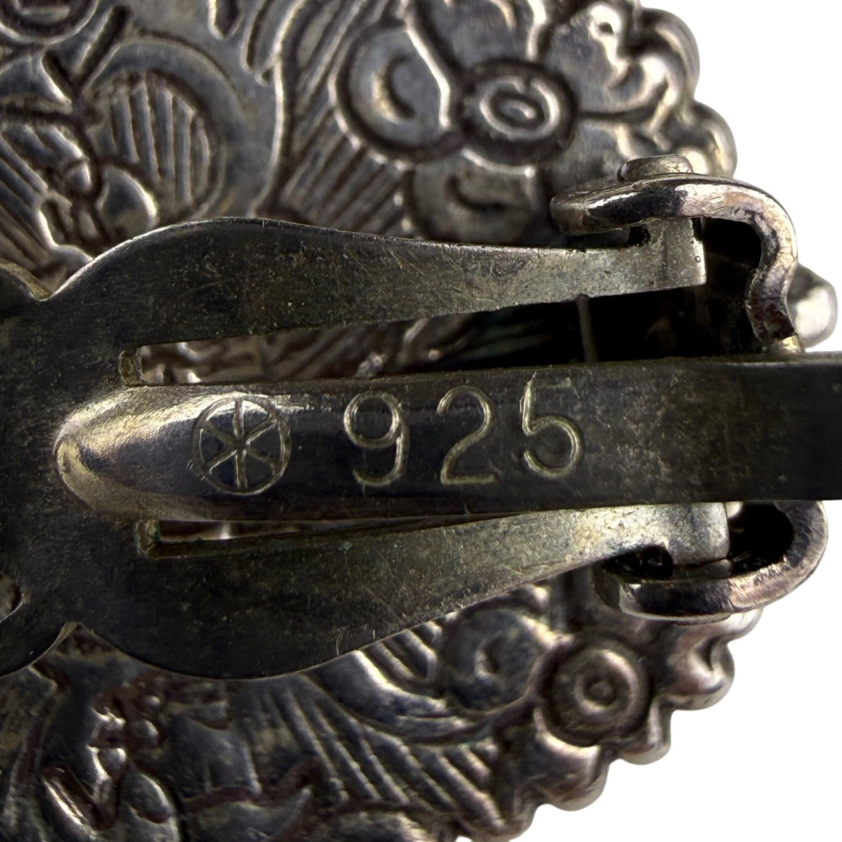 Vintage Sterling Silver 925 Clip-On Earrings Floral Etched MOP Cabochons Unique