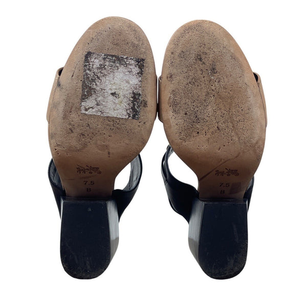 Coach Womens Black & Tan Brown Leather Gold Accents Block Heel Sandals Size 7.5B