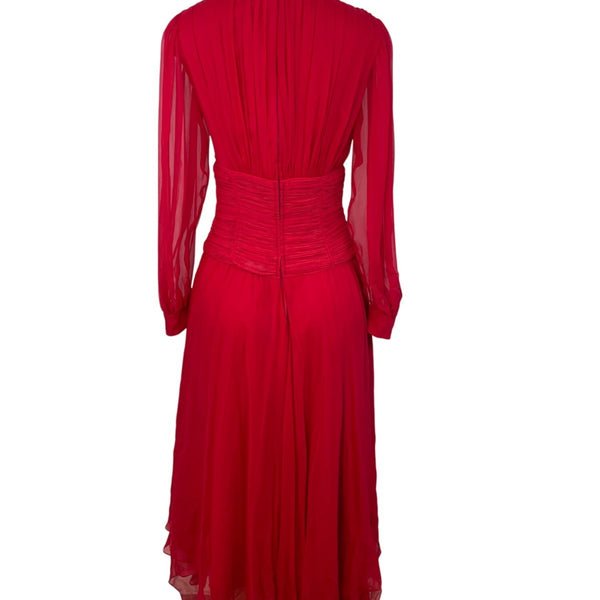 Vintage Red Long-Sleeve Chiffon Dress With Pleated Wrap Bodice Sz 10