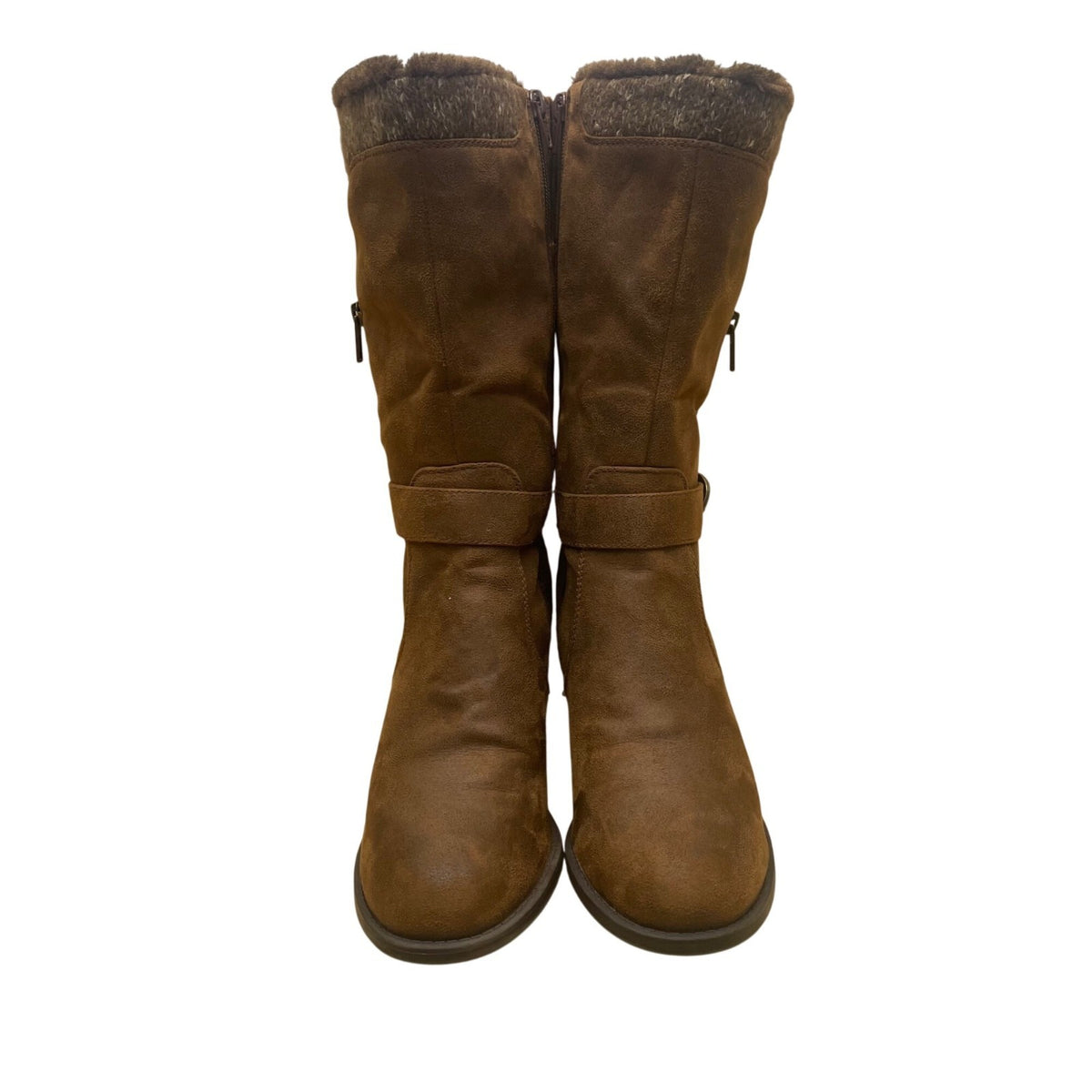Baretraps Women’s Brown Faux Suede Buckle Detail Mid-Calf Fur-Lined Boots Sz 10M