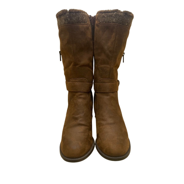 Baretraps Women’s Brown Faux Suede Buckle Detail Mid-Calf Fur-Lined Boots Sz 10M