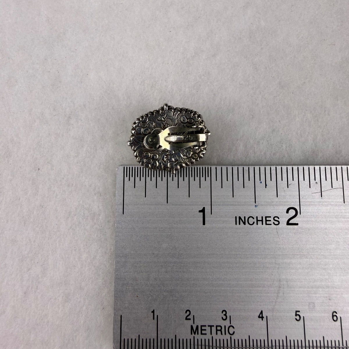 Vintage Sterling Silver 925 Clip-On Earrings Floral Etched MOP Cabochons Unique