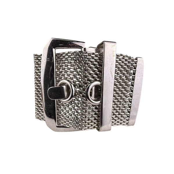 Wide Silver Tone Mesh Buckle Bracelet For Women Statement Cuff Retro Metalwork