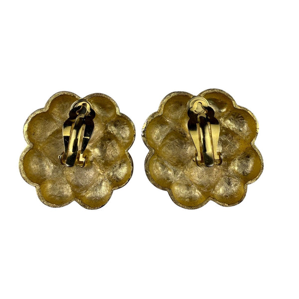 Gold Tone Womens Clip-On Floral Earrings Embossed Round Retro Design