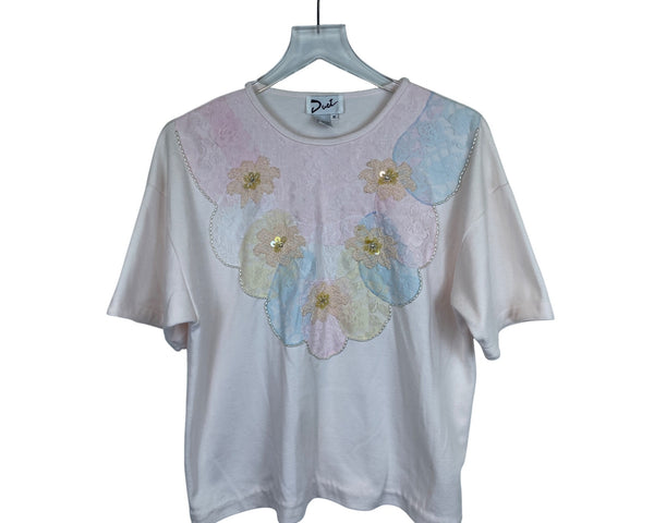 Vintage Duet Womens Pink Embroidered Floral Lace Short Sleeve Blouse Medium