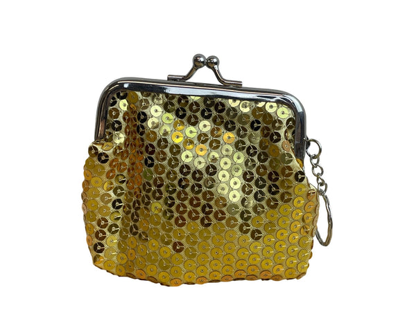 Gold Sequin Women’s Keychain Clasp Coin Purse Metallic Small Glitter Accent Shiny Design