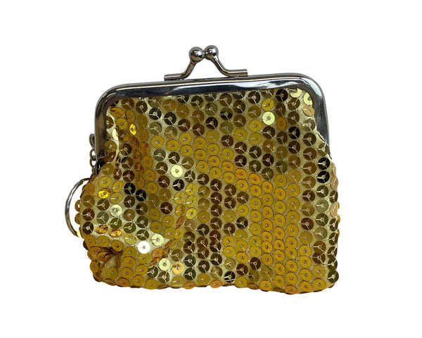 Gold Sequin Women’s Keychain Clasp Coin Purse Metallic Small Glitter Accent Shiny Design