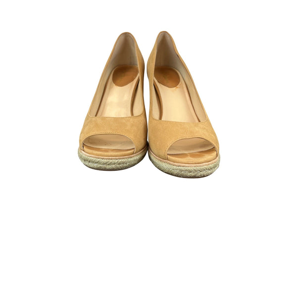 Cole Haan Air Jocelyn OT Wedge Peep Toe Shoes 9B Beige Suede & Cork Womens Shoes