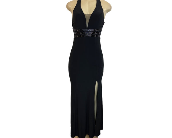 B. Darlin Elegant Black Halter Maxi Dress With Beaded Waist & Mesh Detail Sz 0