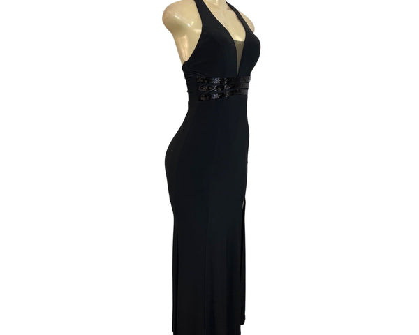 B. Darlin Elegant Black Halter Maxi Dress With Beaded Waist & Mesh Detail Sz 0
