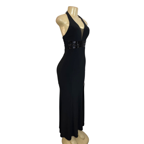 B. Darlin Elegant Black Halter Maxi Dress With Beaded Waist & Mesh Detail Sz 0