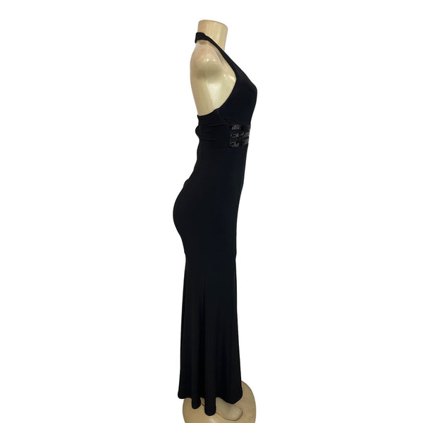B. Darlin Elegant Black Halter Maxi Dress With Beaded Waist & Mesh Detail Sz 0