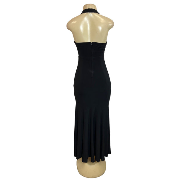 B. Darlin Elegant Black Halter Maxi Dress With Beaded Waist & Mesh Detail Sz 0