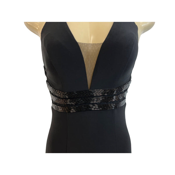 B. Darlin Elegant Black Halter Maxi Dress With Beaded Waist & Mesh Detail Sz 0