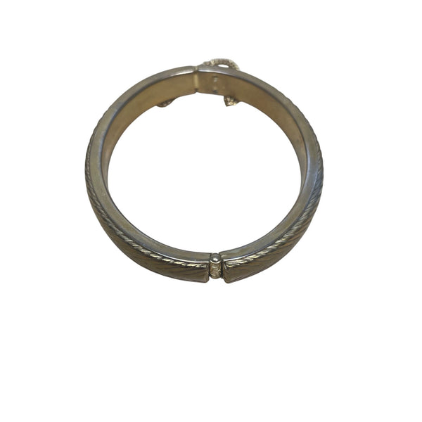 Vintage Gold-Tone Hinged Bangle Bracelet With Safety Chain Textured Design Elegant Style