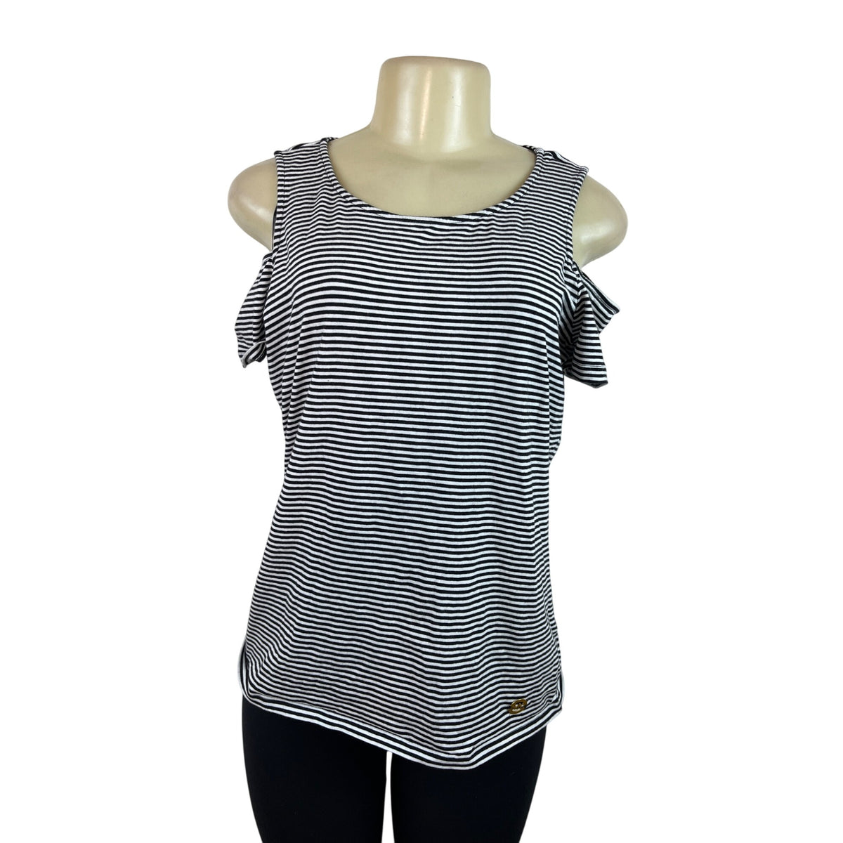Michael Kors Striped Cold Shoulder Black & White Top Womens Shirt Size L