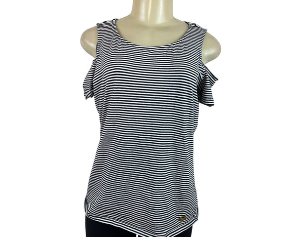 Michael Kors Striped Cold Shoulder Black & White Top Womens Shirt Size L