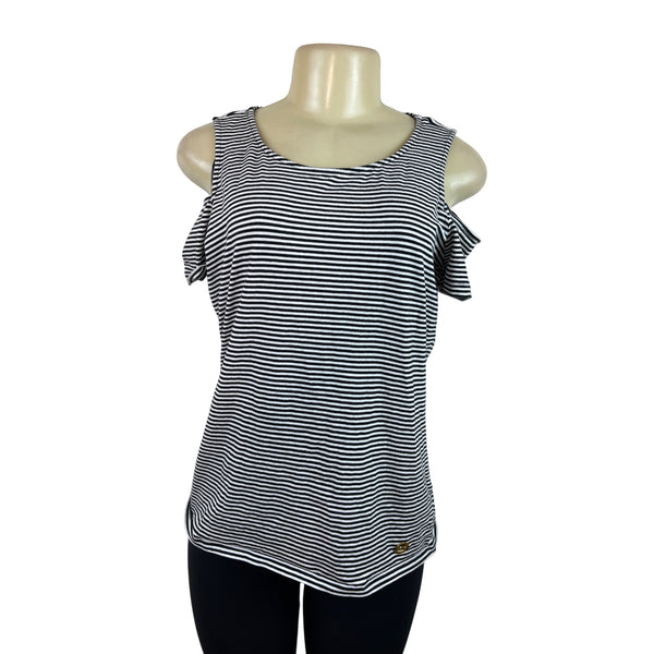 Michael Kors Striped Cold Shoulder Black & White Top Womens Shirt Size L