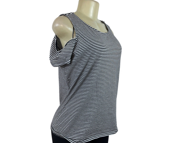 Michael Kors Striped Cold Shoulder Black & White Top Womens Shirt Size L