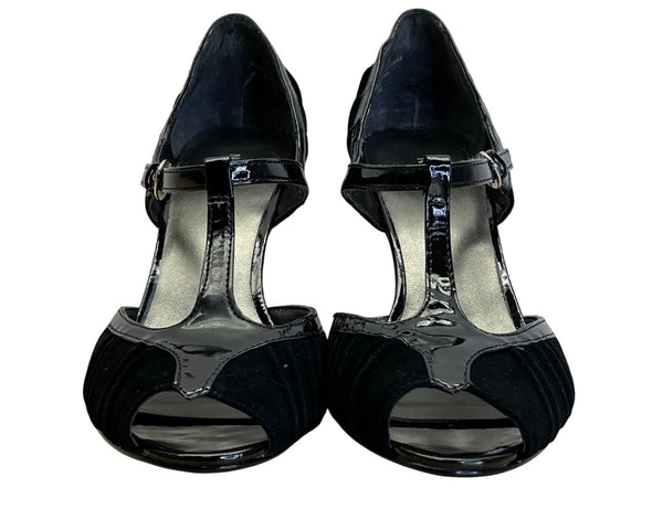 Nine West Women’s Black Suede & Patent Leather T-Strap Rhenium Heels Size 7.5M