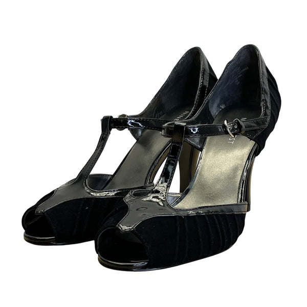 Nine West Women’s Black Suede & Patent Leather T-Strap Rhenium Heels Size 7.5M