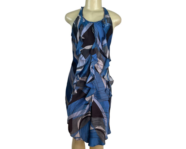 Banana Republic Womens Halter Neck Ruffle Dress Blue/Black Abstract Print