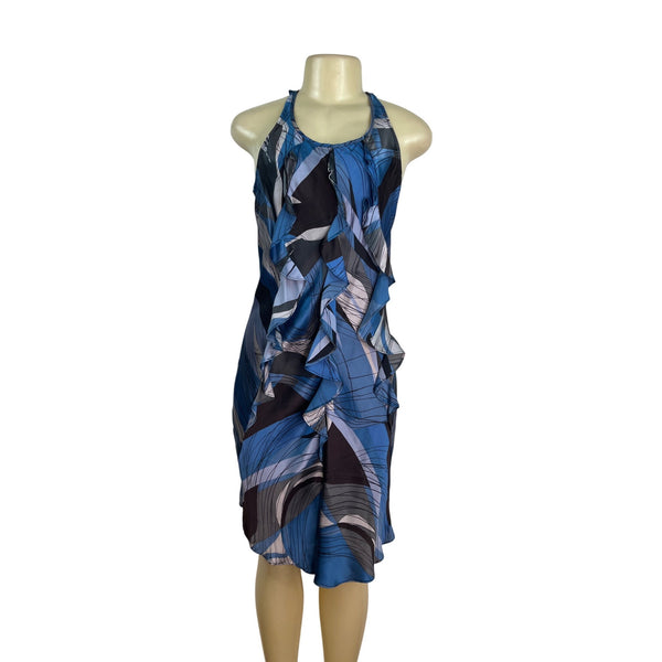 Banana Republic Womens Halter Neck Ruffle Dress Blue/Black Abstract Print