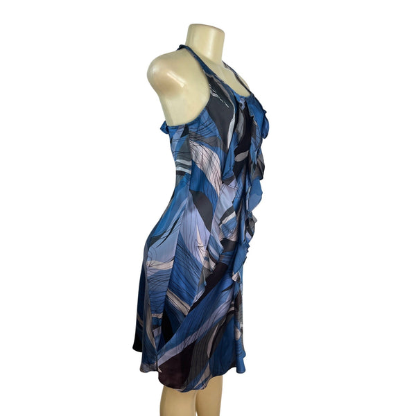 Banana Republic Womens Halter Neck Ruffle Dress Blue/Black Abstract Print