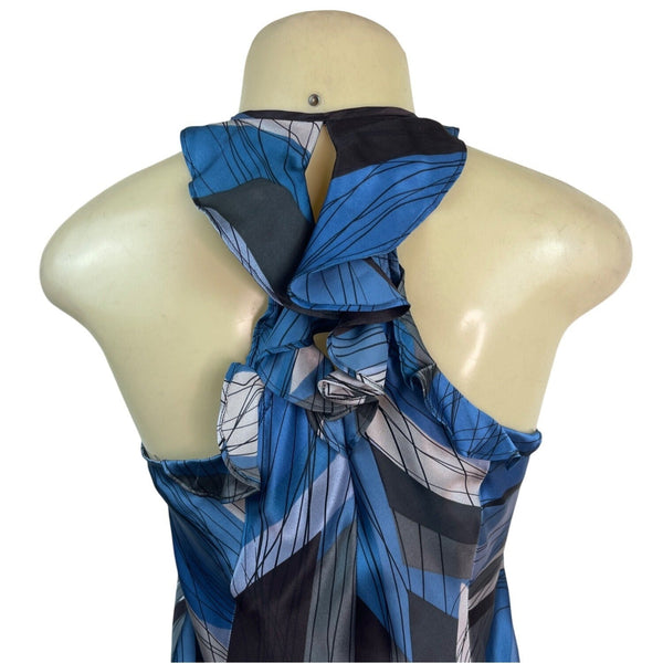 Banana Republic Womens Halter Neck Ruffle Dress Blue/Black Abstract Print