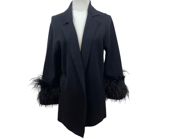 Kobi Halperin Womens Black Open Front Cardigan With Feather Trim Sleeves Size L
