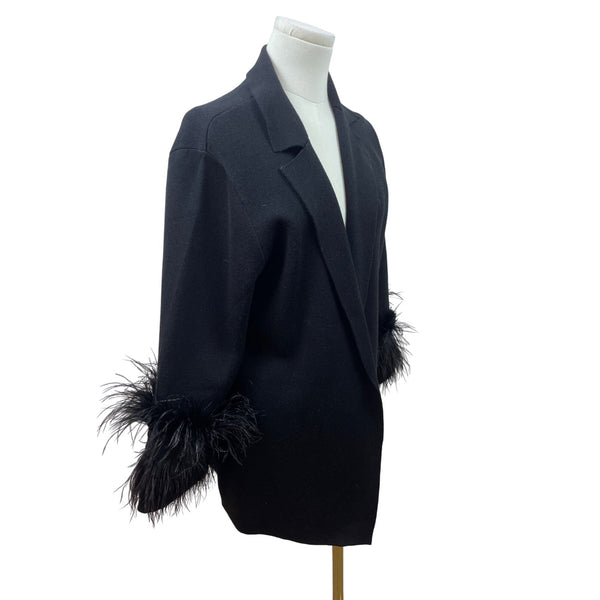 Kobi Halperin Womens Black Open Front Cardigan With Feather Trim Sleeves Size L