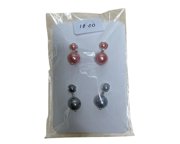 Dual-Tone Womens Pearl Drop Stud Earrings Set Pink & Gray Versatile Fashion Jewelry