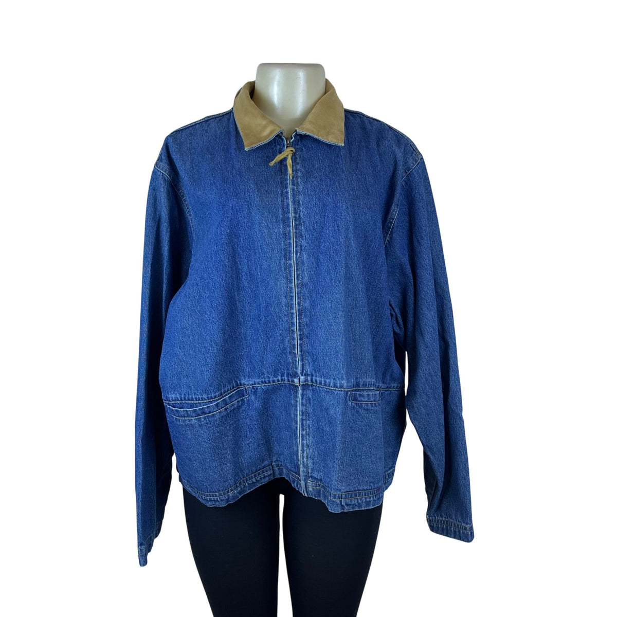 Vintage Ultimate Women’s Blue Denim Jacket Suede Collar Beaded Back Sz L