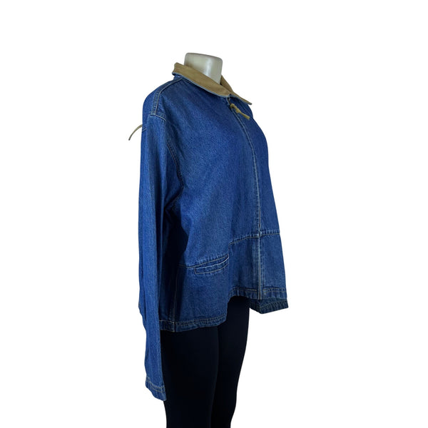 Vintage Ultimate Women’s Blue Denim Jacket Suede Collar Beaded Back Sz L