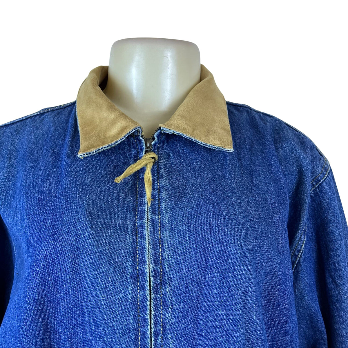 Vintage Ultimate Women’s Blue Denim Jacket Suede Collar Beaded Back Sz L