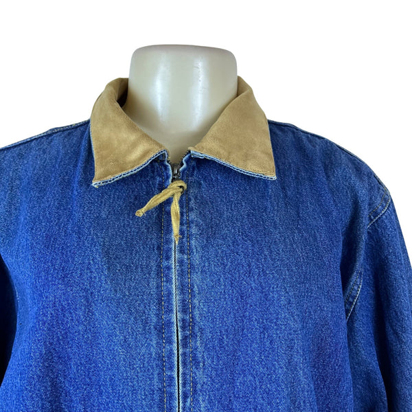 Vintage Ultimate Women’s Blue Denim Jacket Suede Collar Beaded Back Sz L