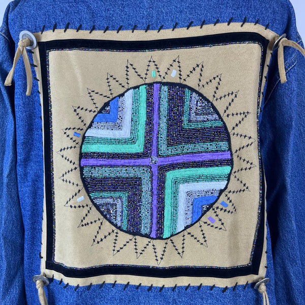 Vintage Ultimate Women’s Blue Denim Jacket Suede Collar Beaded Back Sz L