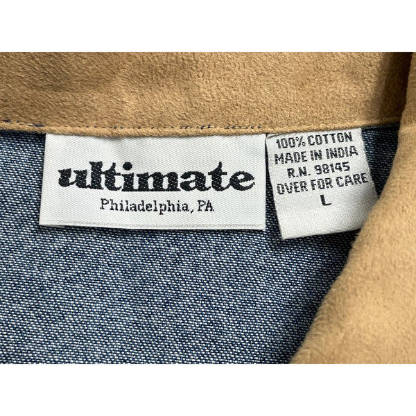 Vintage Ultimate Women’s Blue Denim Jacket Suede Collar Beaded Back Sz L