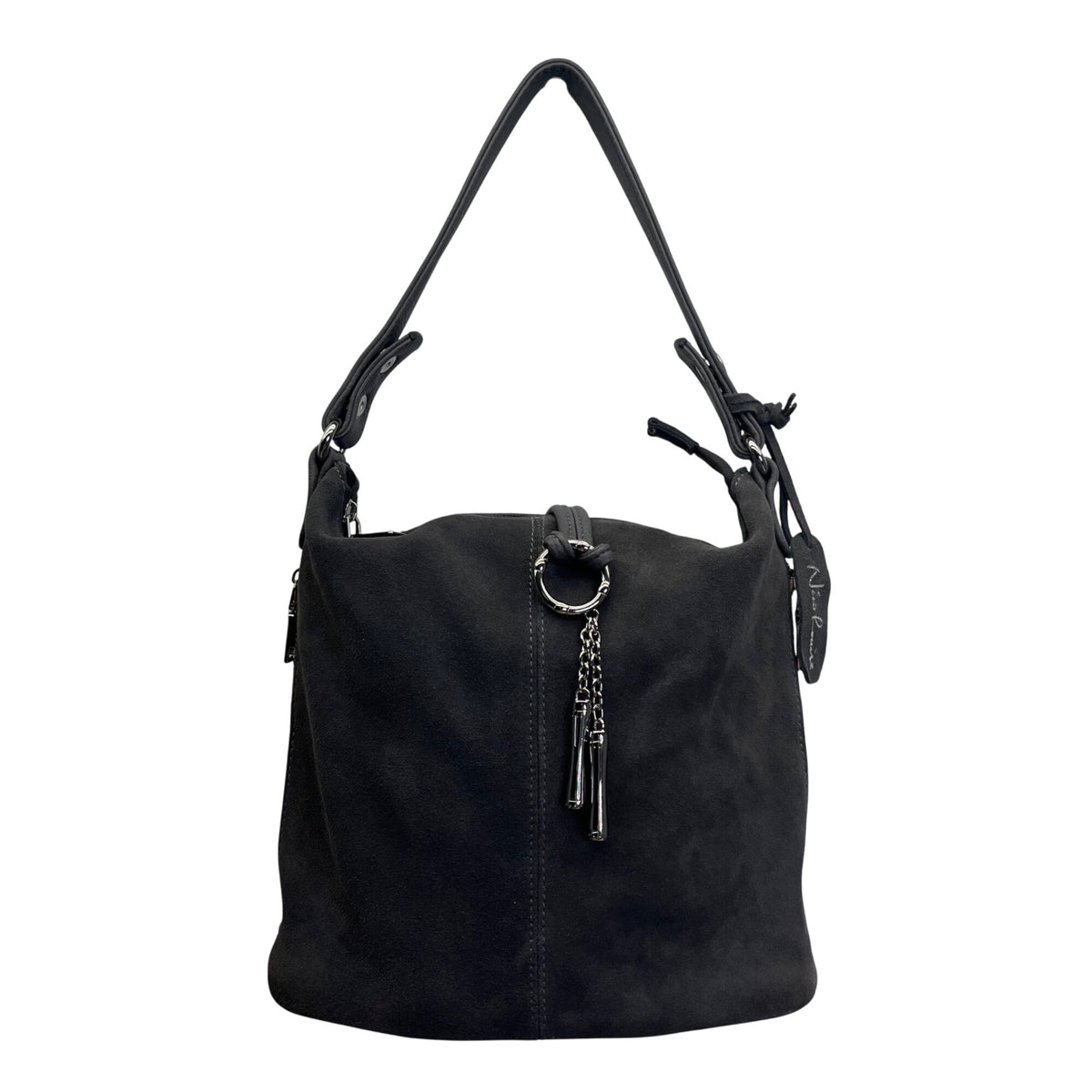 Nino Louise Womens Black Suede Shoulder Handbag With Silver Accents Size M