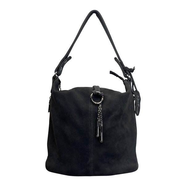 Nino Louise Womens Black Suede Shoulder Handbag With Silver Accents Size M