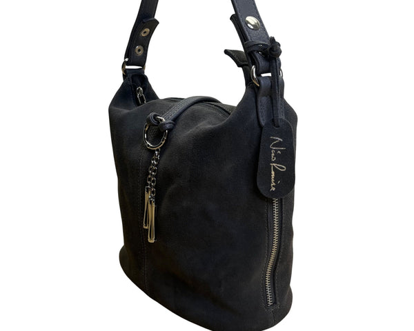 Nino Louise Womens Black Suede Shoulder Handbag With Silver Accents Size M
