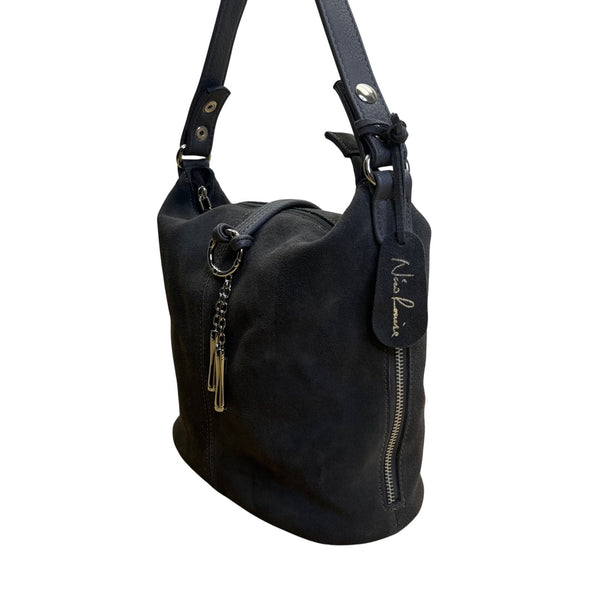 Nino Louise Womens Black Suede Shoulder Handbag With Silver Accents Size M